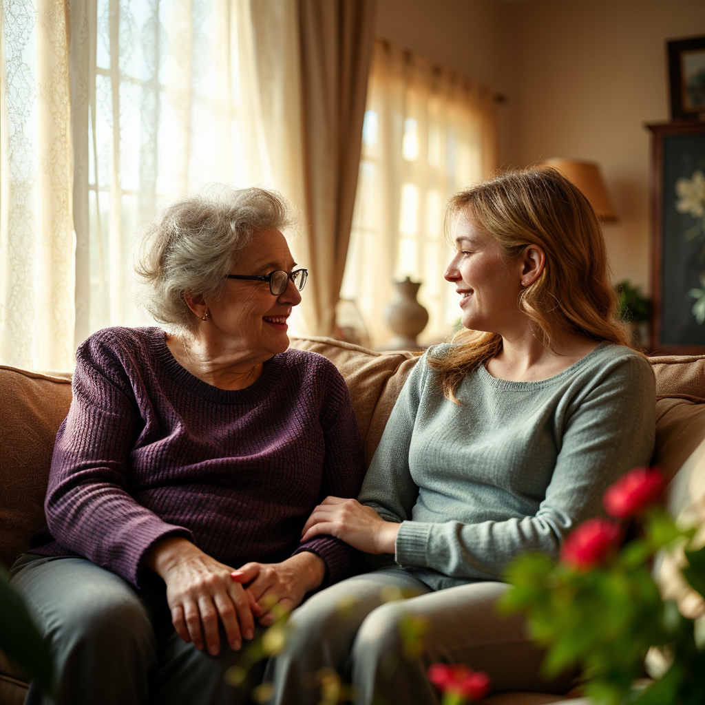 Grandma and Granddaughter Talking About Family Heirloom Engagement Ring